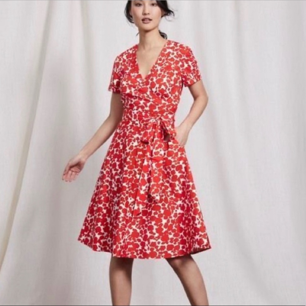 Boden Lara Wrap Dress Red Floral Midi Length Sz 8